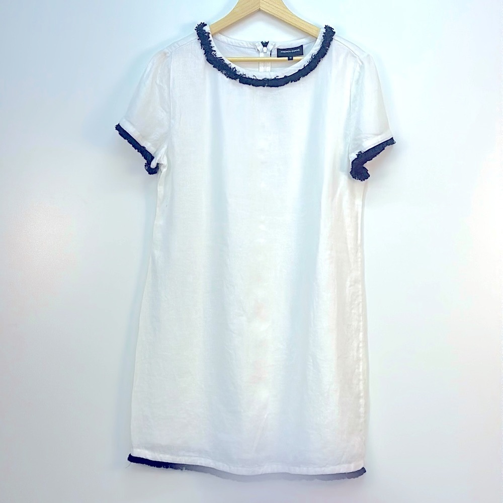 French Curve Linen Shift Dress with Blue Detailing Size Medium